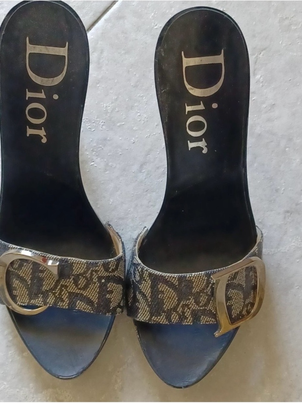 Dior Black Canvas Logo Slide Mules with Gold Buckle